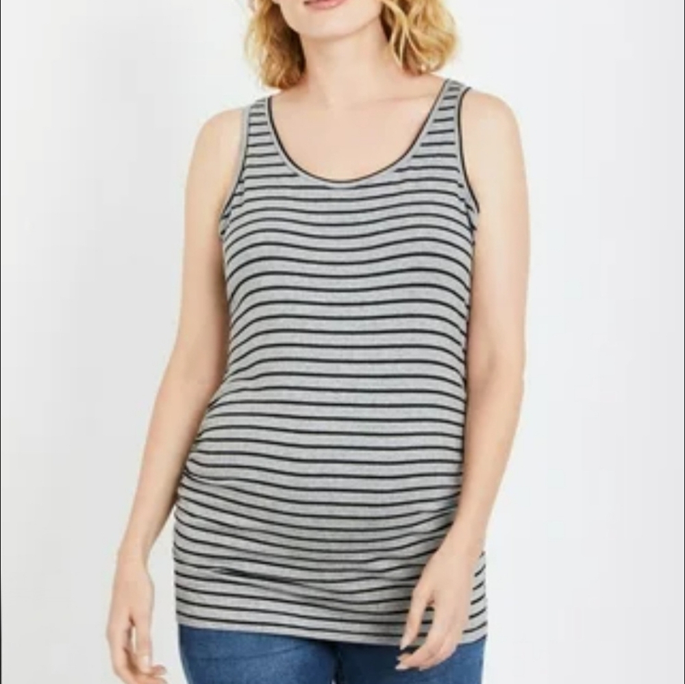 Motherhood Maternity Gray Black Striped Side Ruched Scoop Neck Tank Top Medium